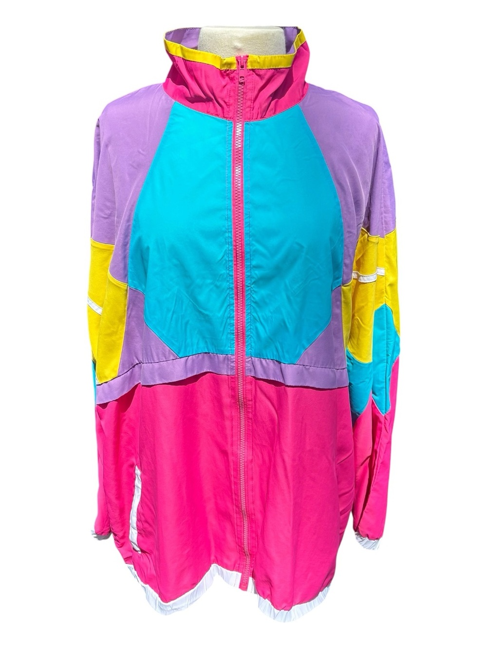 Retro Colorblock Bomber Jacket - Pink, Turquoise & Purple Size XL